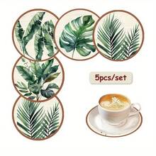 A Set Of 5 Wooden Coasters With Tropical Plant Green Leaf Pattern, Choose 1 Set Or 37 Sets, Creative Art Home Decoration, Suitable For Home, Kitchen, Desk Daily Water Coasters, Perfect Gift, Housewarming Gift, Birthday Gift, Gift For Family, Friends - Green - View 5