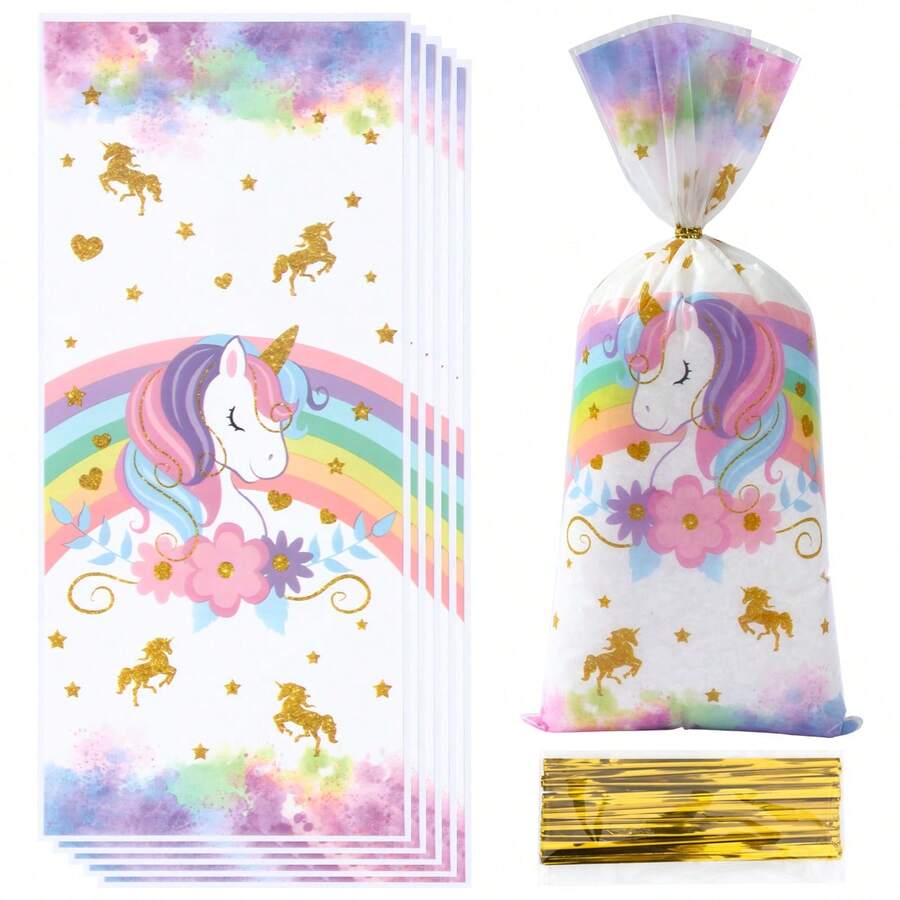 25/50/100个装彩虹独角兽婴儿派对礼品袋，配金色金属丝，梦幻彩虹独角兽图案，适合一周岁生日派对礼品包装、性别揭晓派对餐具装饰糖果袋、一周岁生日派对中心装饰袋、彩虹独角兽礼品袋糖果袋装饰、婴儿派对礼品、婴儿派对装饰、性别揭晓派对装饰