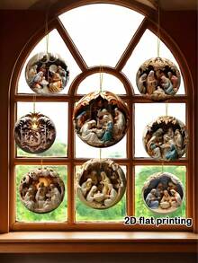 12件/1件 耶稣诞生场景装饰品，2D平面印刷圣诞耶稣主题圆形木质挂牌套装，圣诞树节日装饰，经典圣母玛利亚和耶稣诞生图案，适合新年、圣诞节、感恩节和其他纪念日装饰客厅和教堂，适合作为精美的家庭礼物赠送朋友，2D平面木质，冬日仙境装饰家居派对 - 彩色 - 查看 7