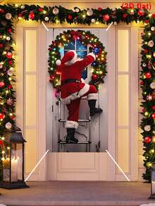 1pc Santa Claus Climbing Ladder Style Christmas Door Flag, Christmas Decor Door Banner, Xmas Door Porch Sign Flag Door Cover Curtain, 2025 Christmas Decorations For Home, Winter Holiday Christmas Party Background Wall Decoration Supplies, Home Decor - Santa Claus Ladder - View 7