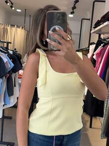 蝴蝶结露脐上衣，女士夏季黄白吊带背心，可爱蝴蝶结露肩吊带背心，无袖露背露脐上衣，女士露脐街头风Y2K吊带背心 - 黃色 - 查看 7