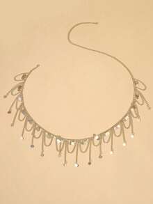 1pc New Arrival Multi-Layer Wave & Leaf Shaped Waist Chain For Women, Fashionable Body Chain - Silver - View 7