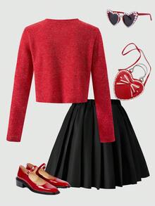Sweet And Elegant Girl Round Neck Bow Knit Long Sleeved Cardigan+Pleated Skirt Christmas Two Pieces Set, Fashionable And Casual, Perfect Choice For Daily Wear In Spring, Autumn And Winter