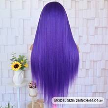 13X4 Long Straight 26 Inch Dark Purple Lace Front Wig Lace Front Synthetic Wig Pre-Plucked Hairline Halloween Wigs Heat Resistant Fiber Hair Silky Straight Wig For Women Cosplay Party Daily Use - 紫色 - 查看 5