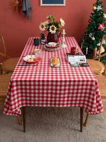1pc Plaid Rectangular Tablecloth, Simple Rustic Checkered Tablecloth, Soft Texture Suitable For Spring/Summer Outdoor Picnic, Kitchen, Dinner, Restaurant, Holiday Party Table Decor,Fall Decor,Autumn Decor,Room Decor - Red and White - View 4