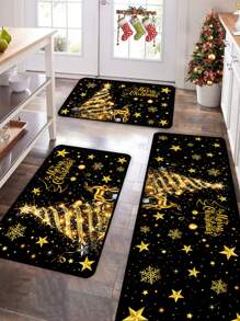 1pc 40x60cm / 50x80cm / 40x120cm Christmas Decorative Doormat, Black & Gold Christmas Tree Pattern With Golden Reindeer, Snowflake & Star Elements, Suitable For Christmas & Winter Home Decor, Entryway, Balcony, Holiday Decoration