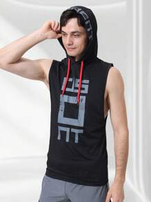 Men's Casual Letter Printed Comfortable Sleeveless Hooded Sports Vest, Fitness Basketball Running Activewear, Stretchy Top For Spring/Summer