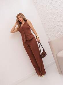 Women's Summer Casual Vest And Pants Suit Set/DD075 - 棕色 - 查看 4