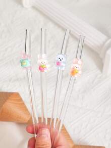 1-5 piezas/Set de pajitas de vidrio reutilizables con lindos acentos de conejo y oso, aptas para bebidas heladas, té de la tarde, batidos, smoothies, agua con gas, leche con té, jugos y otras bebidas frías. Ideal para fiestas en la playa.