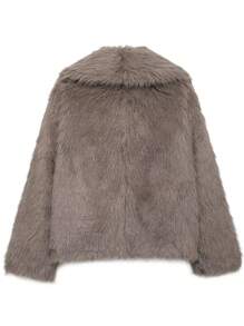 Women Elegant Faux Fur Winter Coat Solid Turn Down Collar Long Sleeves Thick Coats Woman Long Sleeve Loose Warm Jacket