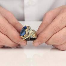 1 PC Fashionable Retro Geometric Inlaid Blue Gemstone Carved Pattern Unisex Ring Suitable For Daily Wear, Gift Jewelry - Nhẫn nam màu xanh ngọc lam đại dương - Xem 4