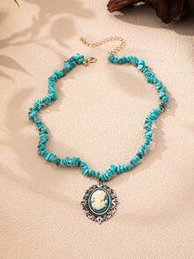 Figure Decor Oval Pendant Necklace - Multicolor - View 5