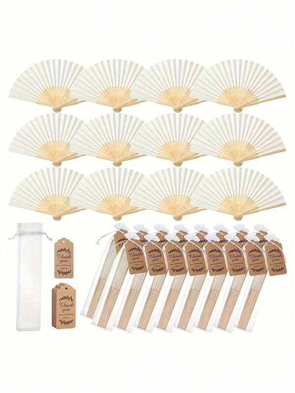 Elegante witte waaierset (3/15/30 stuks), inclusief bedankkaartjes en cadeauzakjes, opvouwbare handwaaier van bamboe voor bruidsmeisjes, geschikt als cadeau voor bruidsmeisjes en als decoratie voor bruiloften, perfect voor feesten en evenementen, perfect zomeraccessoire