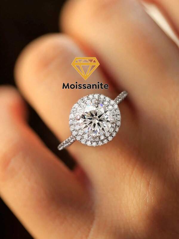 1 Pc Exquisite Glamorous Four-Claw Double-Layer Round 1.0CT Moissanite Ring For Women 925 Sterling Silver Suitable For Engagement Wife Gifts Bride Fine Jewelry