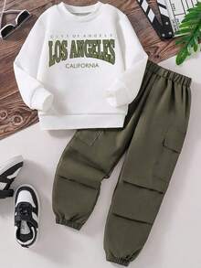 Conjunto de pantalones y top de manga larga con cuello redondo y estampado gráfico de letras para niños preadolescentes - Blanco - Ver 2