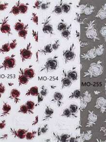 1黑玫瑰日系5d 3D薄透夜黑白玫瑰指甲贴复古半透血红玫瑰指甲贴DIY指甲贴自带背胶黑白玫瑰花朵指甲贴。