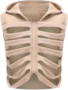 Unisex Oversized Skeleton Hoodie Men Cropped Sleeveless Sweatshirt Women Goth Costume Skull Hooded Vest - Khaki - View 10