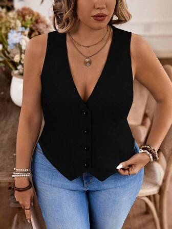 Plus Size Women V-Neck Single-Breasted Casual Vest Jacket