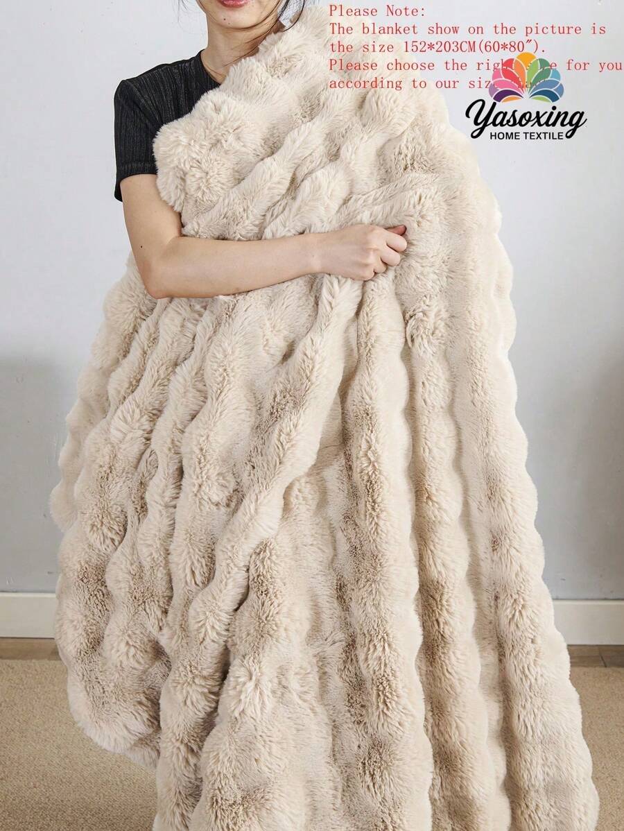 1pc Beige Cozy Rabbit Fur Plush Blanket Queen Twin King Size Luxury Fluffy Long Plush Blanket Bedding Throw Soft And Comfortable Couches Blankets For Home, For Sofa, Living Room Queen Twin King Size Domitory Bedding Back School Bedding - Beige - View 1