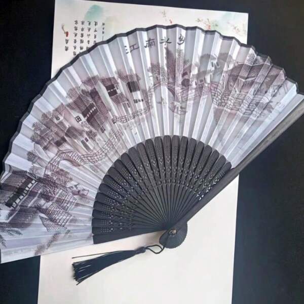 1件23厘米中国风7英寸麻布折扇，木质扇骨，适合展示、跳舞、送礼，扇孔随机