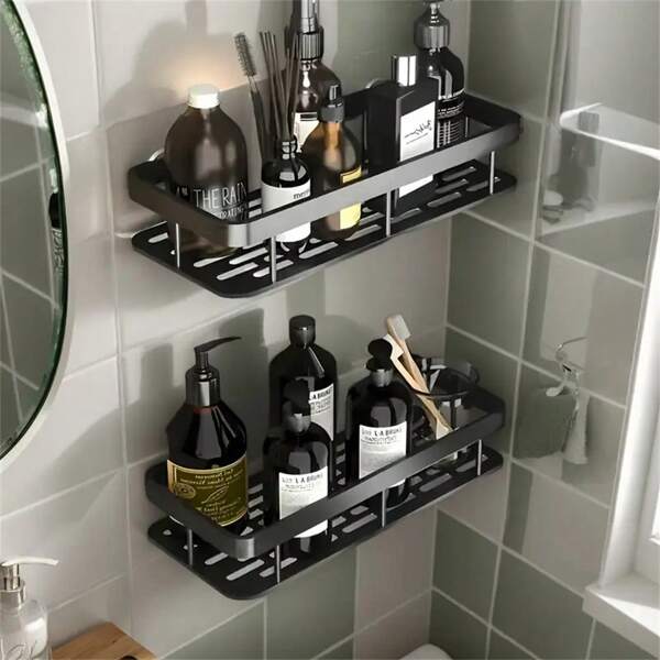 Estante de ducha, estante de ducha adhesivo set de 1 pieza con gancho, sin necesidad de perforar, montado en la pared resistente a la oxidación, estante de almacenamiento de alta gama para baño, cocina, estante de almacenamiento, estante, negro