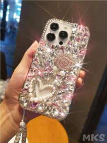 Luxury Fashion Rhinestone Pink Metal Glitter & Faux Pearl Heart Shockproof Phone Case Compatible With IPhone 16 Pro Max, 15 Plus, Galaxy S Series