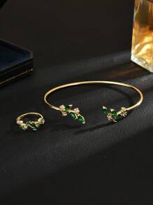 2 Peças Conjunto de Joias Inspirado na Natureza com Pulseira e Anel em Formato de Folha com Pedra de Zircônia em Liga de Cobre, Elegante para Mulheres