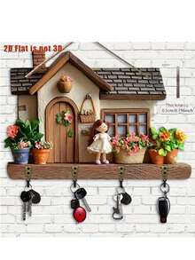 1 件现代木质 2D 平面钥匙扣墙饰，带心形装饰和 4 个挂钩 - 适用于厨房、客厅、卧室、可爱房间装饰的家居装饰