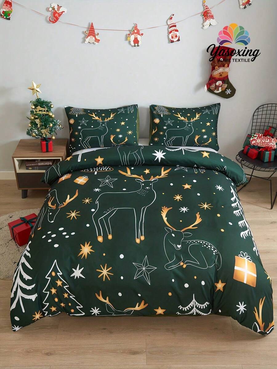3 件绿色圣诞树鹿雪花礼品图案羽绒被套床上用品套装，柔软透气防皱，助眠效果更佳，豪华酒店风格，送给妈妈爸爸朋友的礼物，被子被套*1 枕套*2 特大号双人床尺寸 - 綠色 - 查看 1