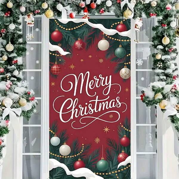 2D Türvorhang Banner, 1 Stück Fröhliche Weihnachten Türvorhang 90 x 180 cm - Strapazierfähiger Polyester Feiertags-Dekor mit Tannenzweigen, roten Ornamenten und Schneeflocken-Design, Innen-/Außen-Weihnachtsparty-Dekoration, Mehrschichtiges Design, elegantes Schriftmuster, Lichterketten-Effekt, wetterfeste Eingangsbereich-Dekoration, Heimdekoration