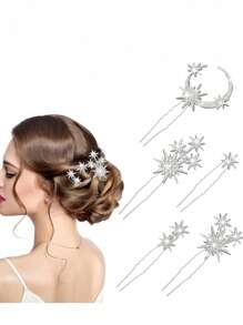1个/5个雪花复古宫廷风玻璃新娘发簪装饰，通用六角星新娘头饰情人节配饰