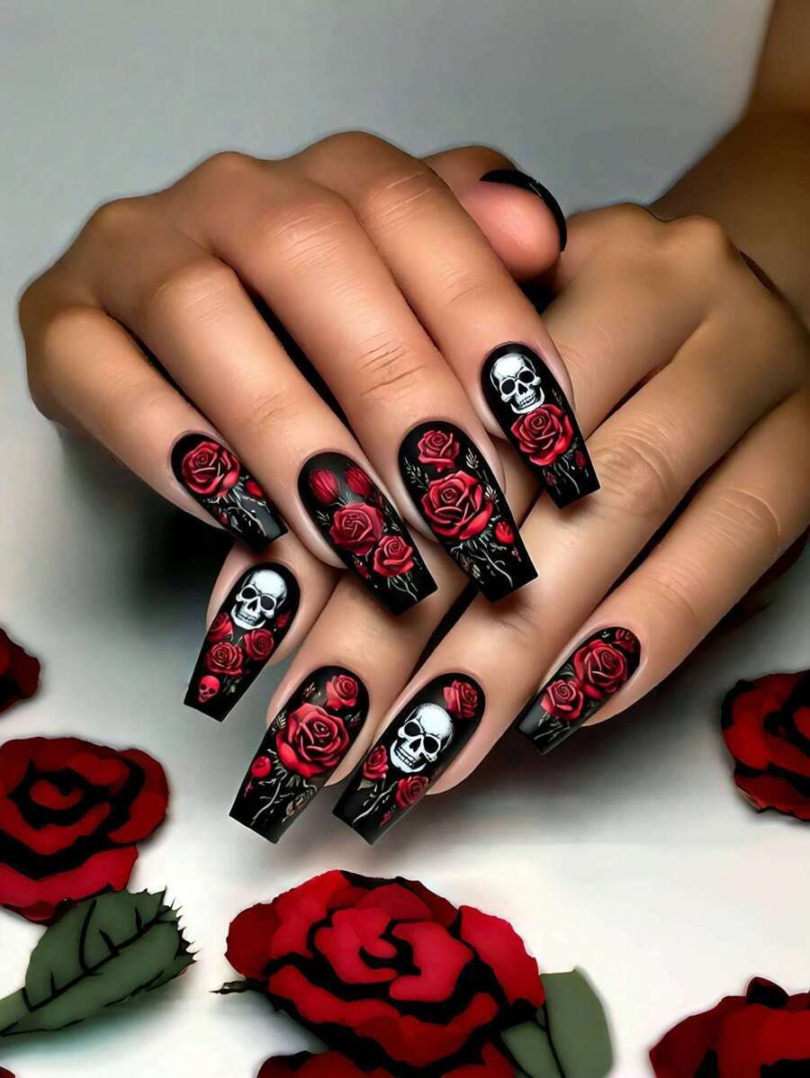 Peça de Arte de Unhas com Padrão de Crânio em Forma de Balé de Comprimento Médio com 24 Peças Destacáveis em Tons de Vermelho e Preto, Adesivos de Unhas Adequados para Senhoras e Meninas, Adesivos de Unhas Falsas Brilhantes e na Moda, Atualize seu Visual e Mostre o Charme de suas Pontas dos Dedos, Unhas de Halloween, Unhas Adesivas, Suprimentos de Unhas