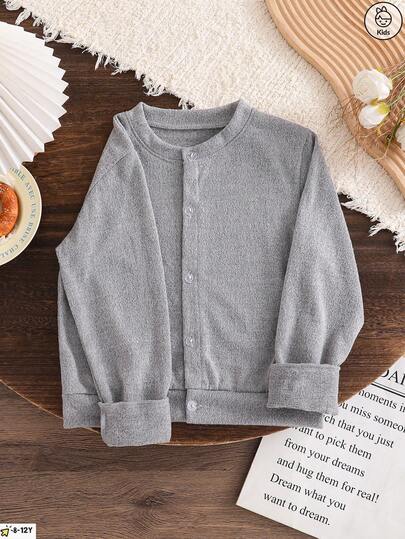 A Lightweight Round Neck Knitted Cardigan For Young Girls, Designed In A Simple, Fashionable, And Comfortable Way, Suitable For Spring, Autumn, Winter, Daily Wear, School, Play, And Outdoor Wear