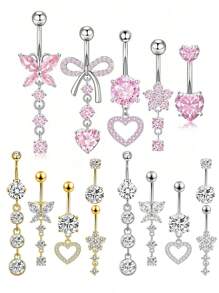5 件银色和粉色心形、泪珠形、蝴蝶形 316L 不锈钢肚脐穿孔首饰套装，欧式风格，适合日常佩戴