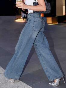 Chicsale Women's Wide Leg Palazzo Pants - Mid Rise Straight Cut Trousers | Flowy Elegant Full Length Denim With Tapered Hem | Business Casual Relaxed Fit - 淺色水洗藍 - 查看 2