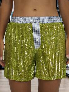 Women's Pajama Shorts Sparkly Sequined Striped Trim Low Rise Sleep Shorts For Summer - Green - View 2
