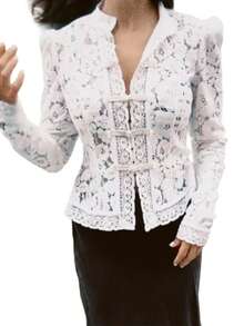 Women Lace Shirt, Long Sleeve Shirt Button-Down Slim Fit Elegant Fall Sheer Tops Clubwear - trắng - Xem 6