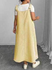 Plus Size Women Striped Dual Pocket Casual Loose Strap Dress Maxi Women Outfit - Yellow - View 2