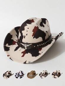 1 pieza Sombrero retro de mujer con decoración de piel de vaca y estampado de leopardo, sombrero de jazz europeo y americano, sombrero de vaquero occidental, adecuado para uso diario, actividades al aire libre, todas las estaciones, gorra de moda, vacaciones, viajes - sombrero de copa - Ver 9
