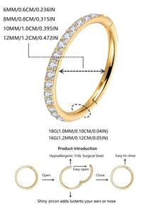 1件高端镶嵌锆石316L不锈钢鼻环16G/18G女士金耳环，封闭式环设计，不易脱落。穿孔饰品鼻环、双鼻中隔环、鼻中隔环、唇环、鼻中隔耳钉、海螺耳环、耳环、鼻中隔软骨鼻环、唇环、乳环、海螺环、耳轮耳环 - 金色 - 查看 8
