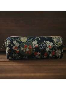 1个大容量铅笔盒，复古提花烫金学生铅笔盒，简约大容量铅笔盒，便携式拉链化妆包，精致学习用品 - 彩色 - 查看 4