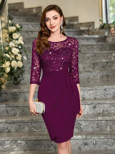 MIUSOL Sequin Floral Lace Round Neck Wrap Hem Cocktail Party Pencil Dress, For Valentine's Day