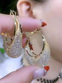 Luxurious Mesh Crystal Hoop Earrings For Women, Fashionable Ear Clip Circle Shaped Earrings With Design Sense - 金色 - 查看 2