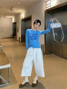 Women's Casual Letter Printed Long Sleeve Slim Fitted Round Neck T-Shirt, Autumn/Winter - Blue - View 8