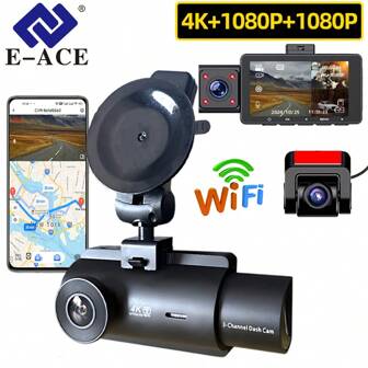 EE-ACE Grabadora de vídeo para automóvil DVR 4K, Dashcam de 3 canales, 4K+1080P+1080P, Caja negra para cámara delantera, interior y trasera del automóvil a 4K, Cámara dash 2160P delante y 1080P detrás, compatible con WiFi, GPS, grabación en bucle y modo de estacionamiento (se necesita elegir una línea de marcha atrás para el monitor de estacionamiento de 24 horas)