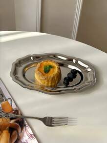 1pc Vintage French Stainless Steel Oval Tray, Retro Floral Oval Plate, Dessert Dish Tableware