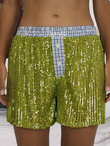 Women's Pajama Shorts Sparkly Sequined Striped Trim Low Rise Sleep Shorts For Summer - Green - View 5