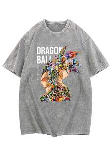 Retro Washed Dragon And Ball Character Collage Graphic T-Shirt, Oversized Japanese Anime Streetwear Tee The Loose Fit Is Soft, Comfortable, And Breathable, Ideal For Outdoor Activities And Everyday Wear. Off-The-Shoulder Crew Neck Pullover, Durable Washed And Distressed Short-Sleeved T-Shirt, Exuding Street Style Vibes, Fashionable And Versatile, Comfortable And Breathable, Full Of Energy. - 灰色 - 查看 1