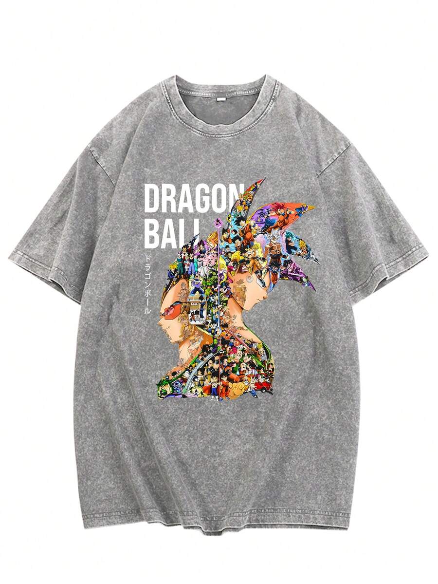 Retro Washed Dragon And Ball Character Collage Graphic T-Shirt, Oversized Japanese Anime Streetwear Tee The Loose Fit Is Soft, Comfortable, And Breathable, Ideal For Outdoor Activities And Everyday Wear. Off-The-Shoulder Crew Neck Pullover, Durable Washed And Distressed Short-Sleeved T-Shirt, Exuding Street Style Vibes, Fashionable And Versatile, Comfortable And Breathable, Full Of Energy. - 灰色 - 查看 1