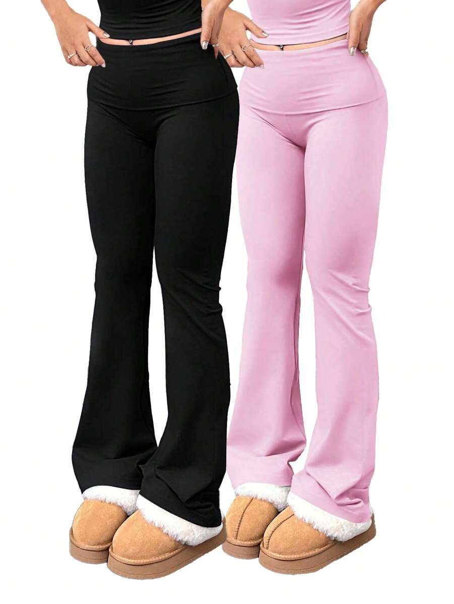 2pcs/Set Trouser Style Yoga Pants For Women Elastic Waist Gym Workout Flare Leggings Casual High Waisted Bootcut Yoga Pants - 黑色+粉紅色 - 查看 1